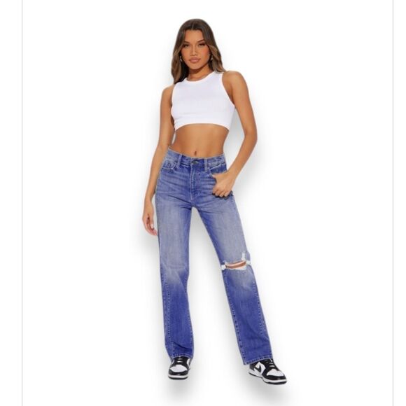 Hollister Straight Jeans Women’s 7R Distressed Low-Rise Med Wash Blue Denim Pant - Picture 1 of 10